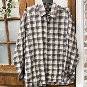 Ike Behar‎ Mens Button Up Shirt Brown Plaid Large Long Sleeve Pockets 100 Cotton